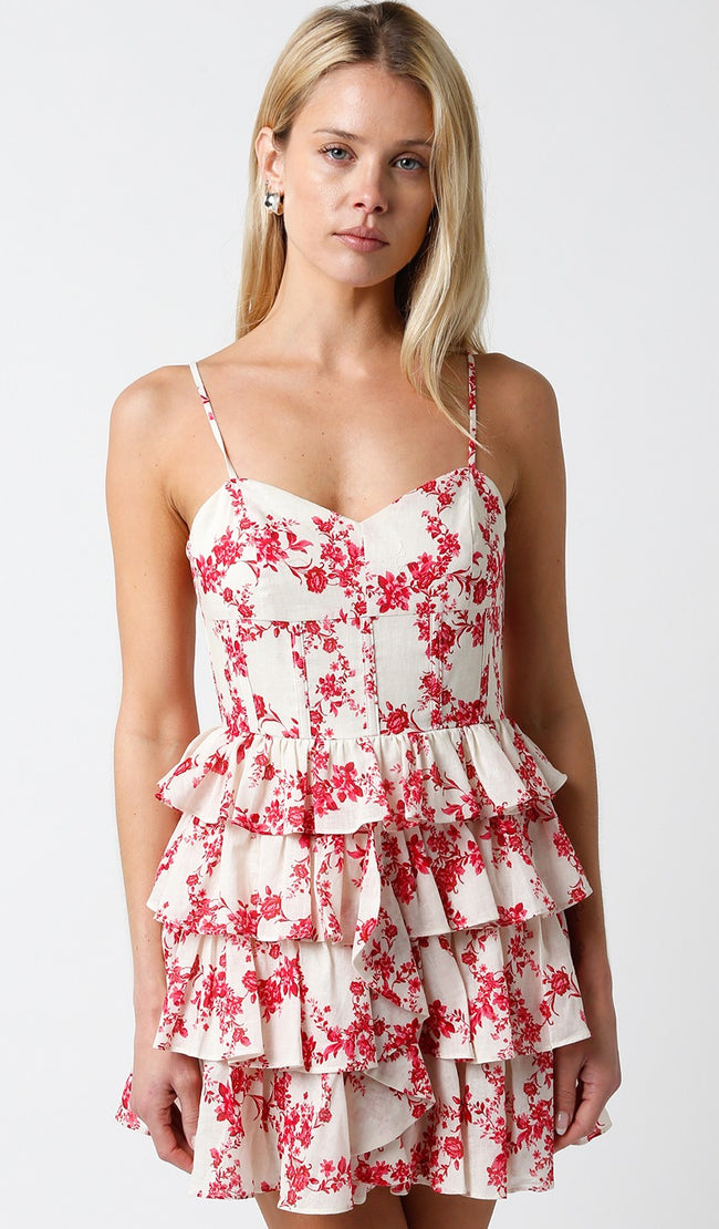 Red and White Dainty Floral Ruffle Dress