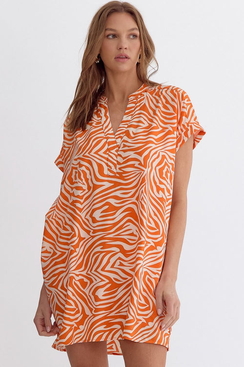 Orange Printed Short Sleeve V Neck MIni Dress