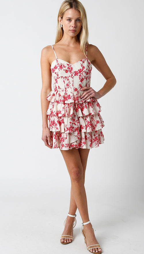 Red and White Dainty Floral Ruffle Dress