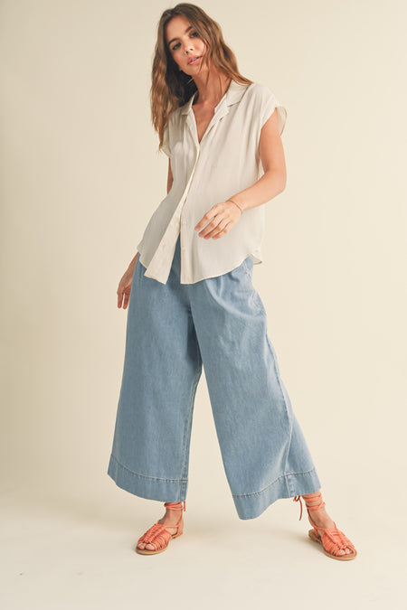 Sand and Blue Colored Ruffle Sleeve Cropped Smock Top