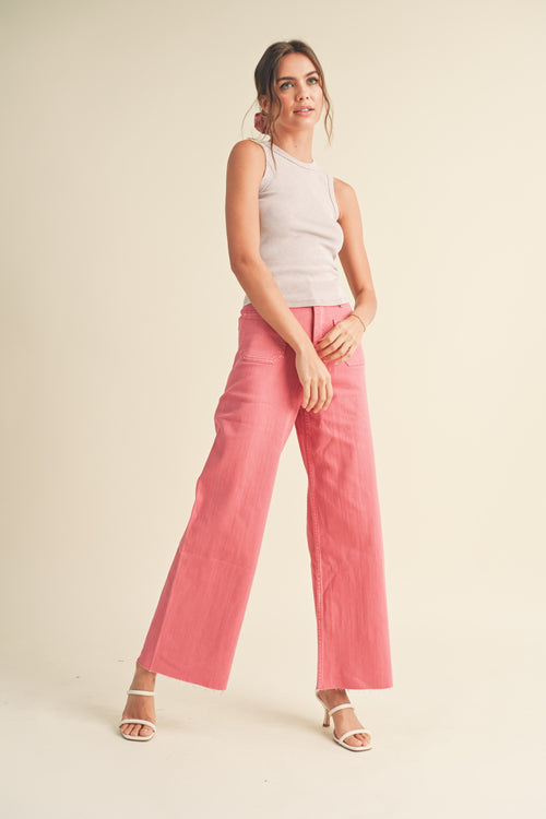 Raspberry Pink Colored Straight Wide Leg Pants with Front Pocket Detail