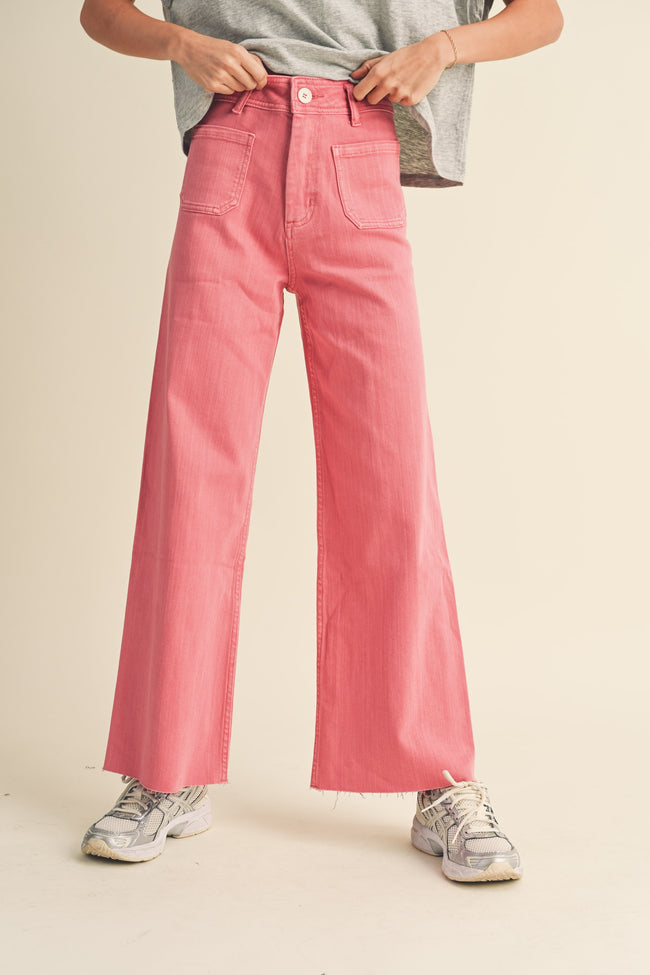 Raspberry Pink Colored Straight Wide Leg Pants with Front Pocket Detail