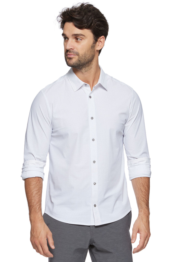 White Colored Dot Print Long Sleeve 4 Way Stretch Shirt