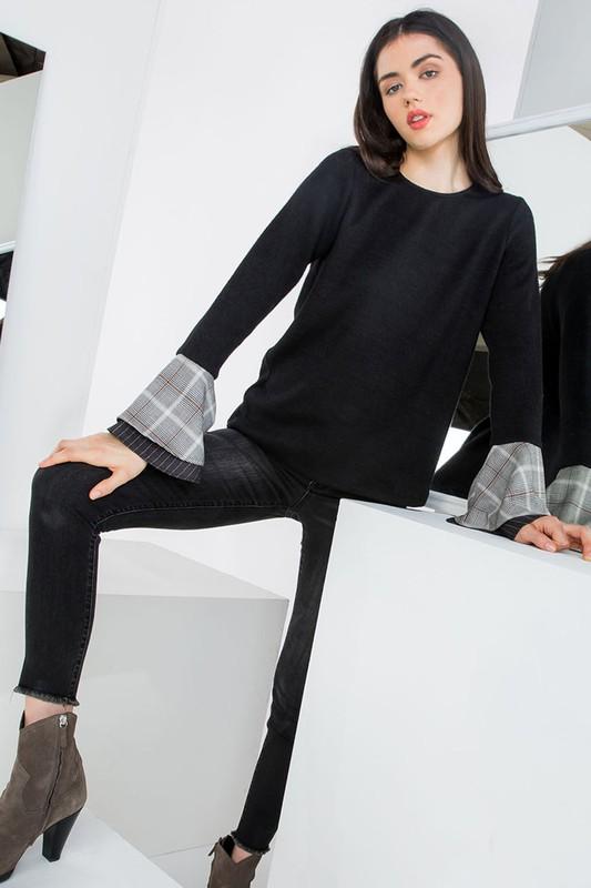 Black and Plaid Ruffle Sleeve Top