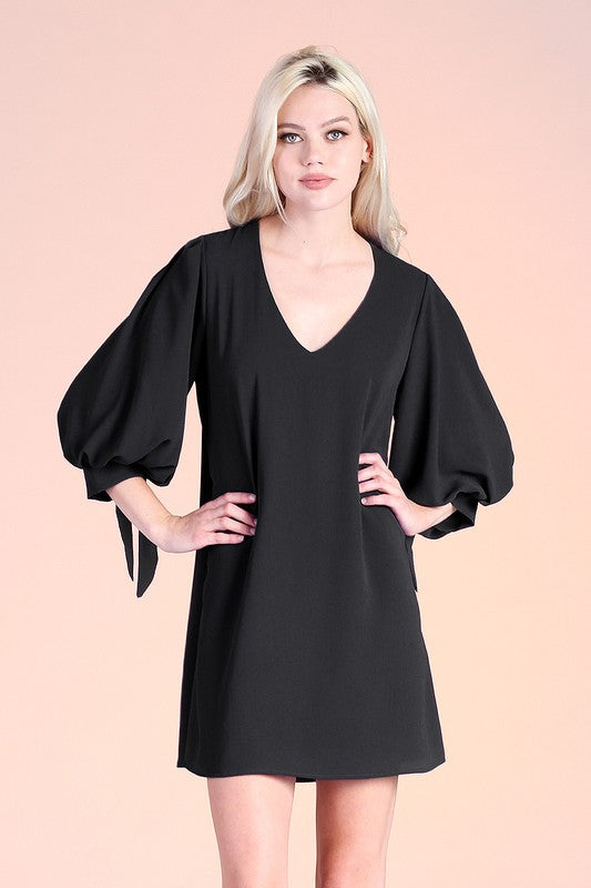 Black Textured Solid Tie Sleeve V Neck Dress