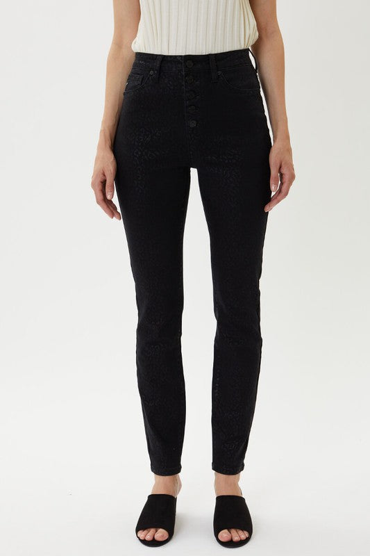 Briana Black Leoaprd Print Exposed Button High Rise Denim