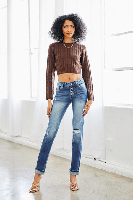 Golden Brown Colored Vintage High Rise Cropped Flare Jeans