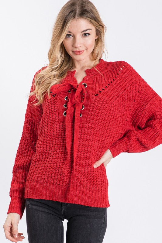 Red Colored Lace Up Long Sleeve Sweater