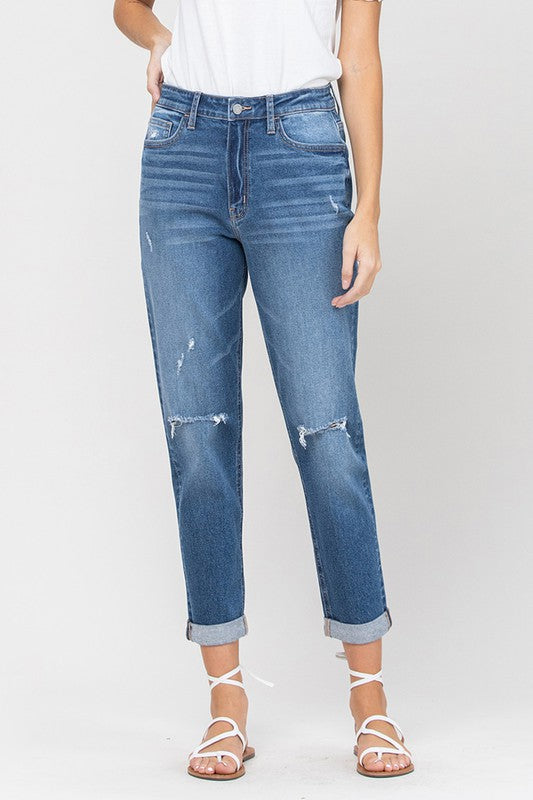 Double Cuffed Distressed Stretch Mom Jean