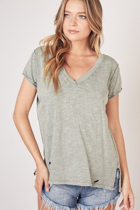 Olive Colored Weathered V-Neck Top