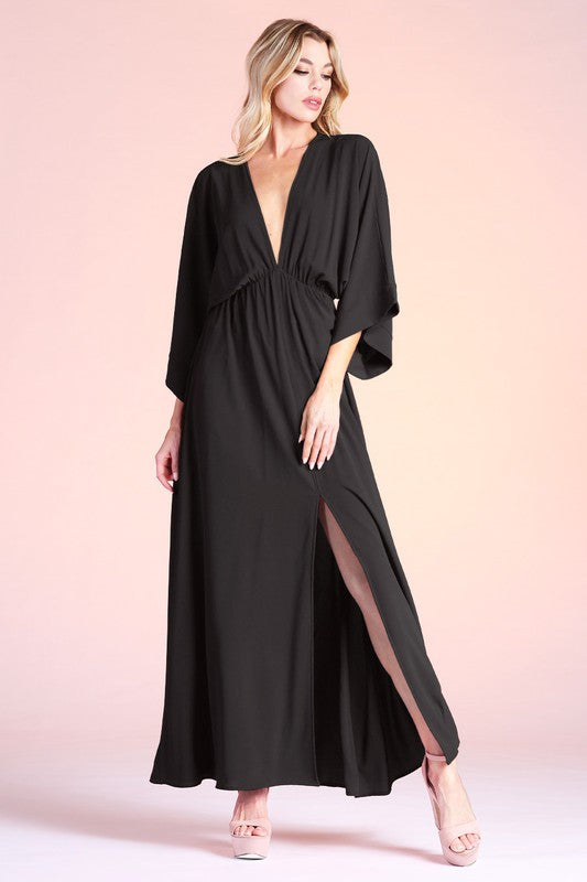 Black Colored Textured Solid Kimono Maxi Dress