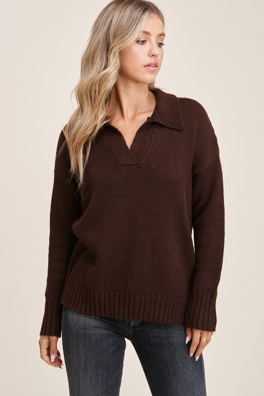 Chocolate Split Neck Pullover Sweater
