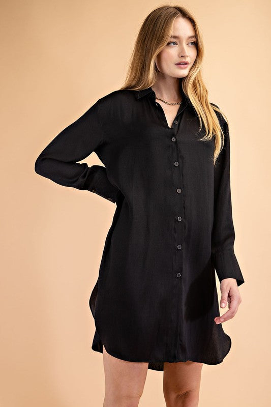 Black Button Down Closure Shirt Dress