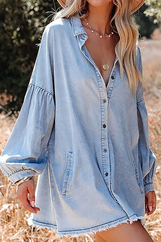 Denim Chambray Pocketed Button Down Tunic