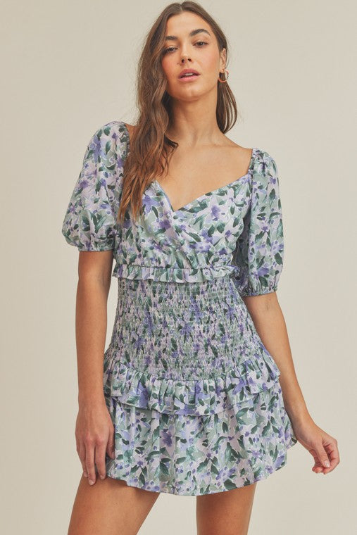 Lavender Green Floral Print Smocked Mini Dress