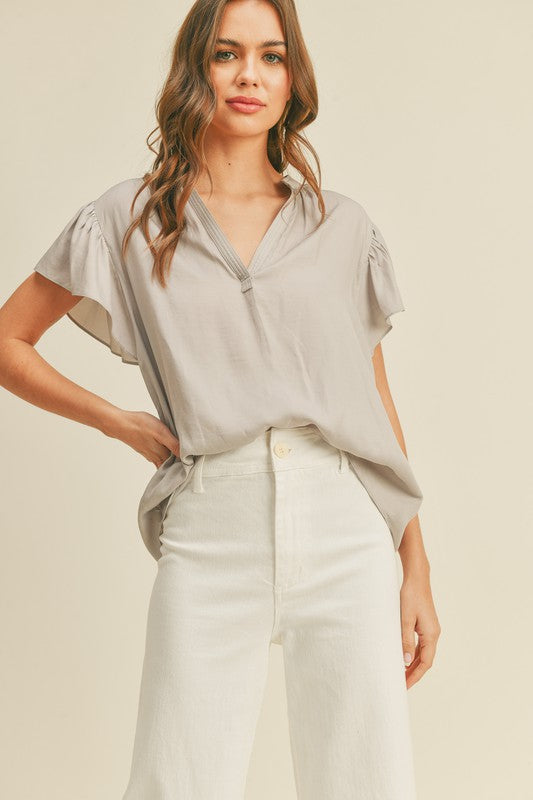 Dove Colored V Neck Butterfly Sleeve Blouse