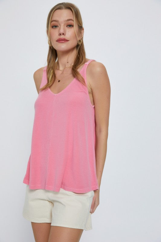 Flamingo Colored Flowy V-Neck Tank