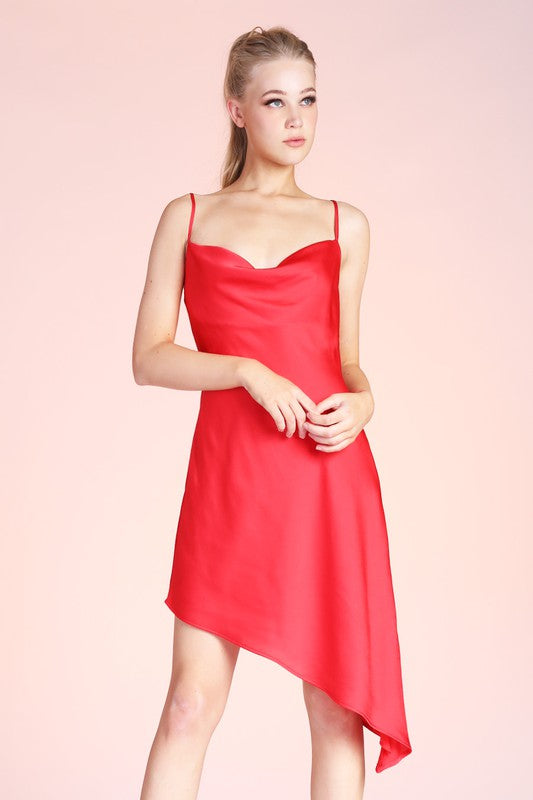 Red Silky Satin Cowl Neck Asymmetrical Midi Dress