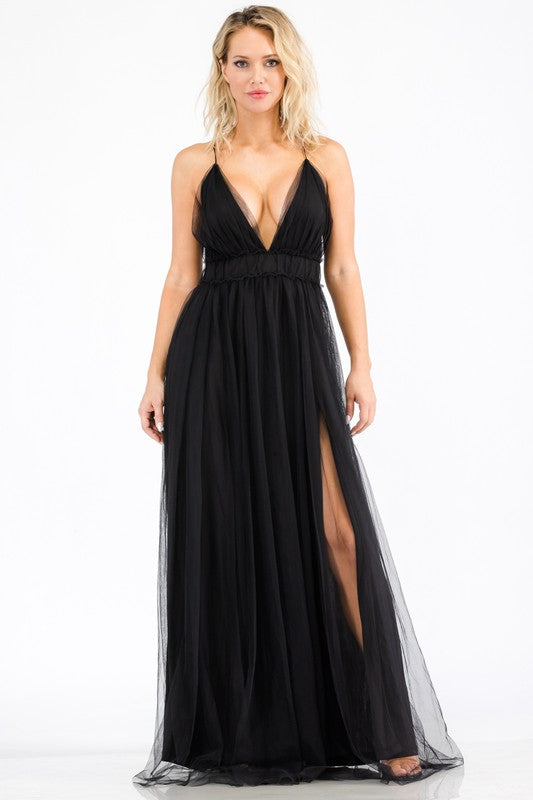 Black Maxi Mesh Spaghetti Strap Dress