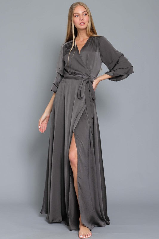 Charcoal Colored Shirring Sleeve Wrap Mini Dress