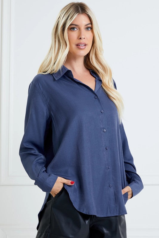 Navy Long Sleeve Button Down Tale Hem Shirt