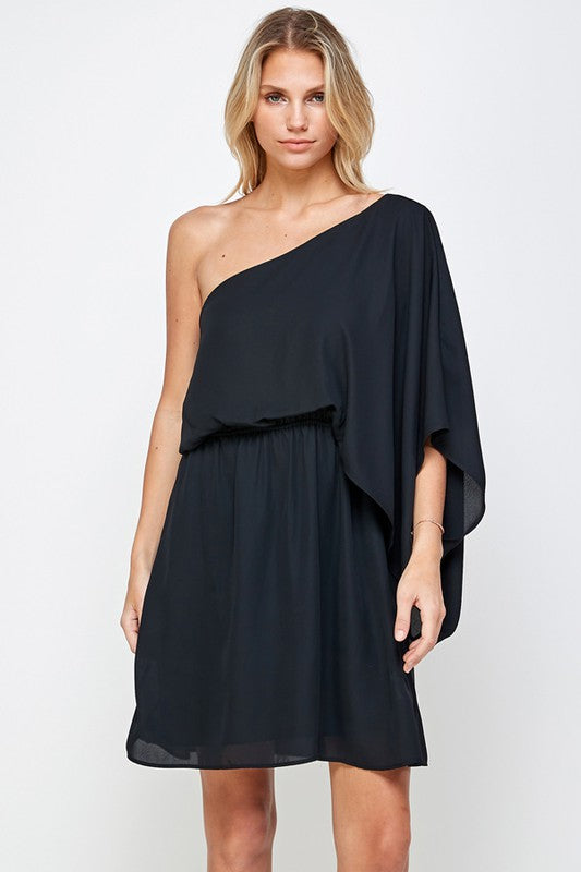 Black Solid One Shoulder Dress