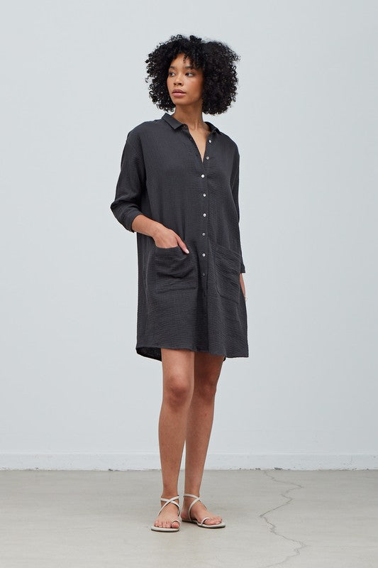 Faded Black Double Gauze Cotton Shirt Dress