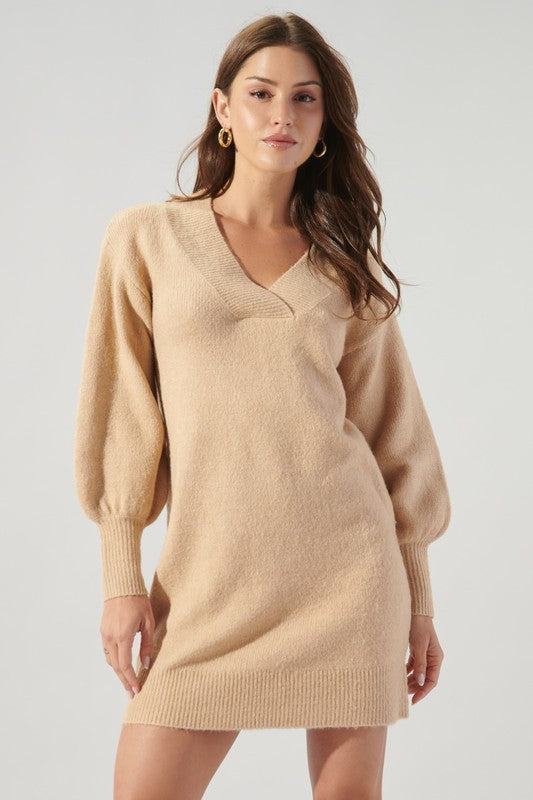 Camel Colored Balloon Sleeve Sweater Dress