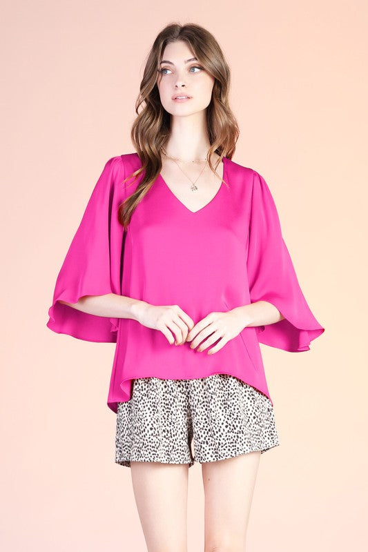 Fuchsia Colored Washed Silk Petal Sleeve Top