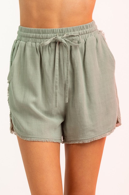 Sage Colored High Waisted Frayed Hem Mini Shorts