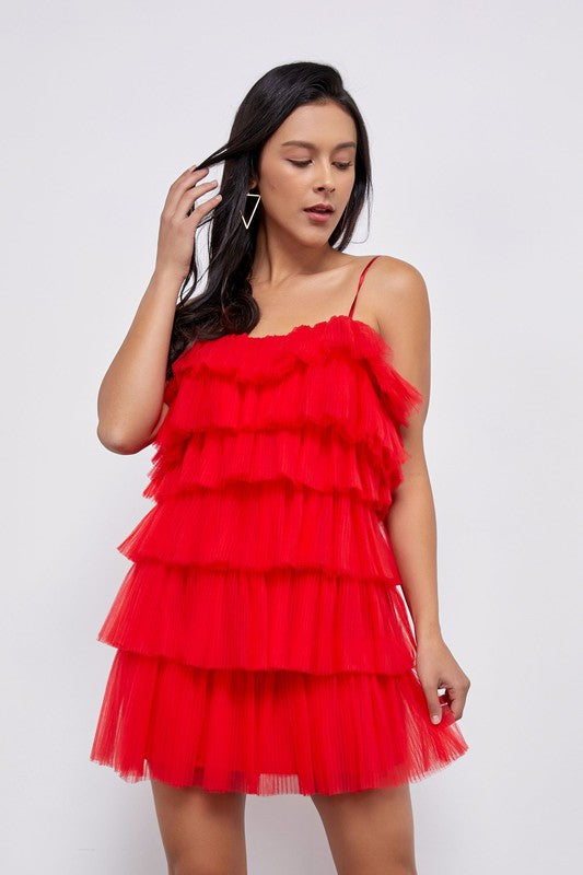 Red Ruffle Spaghetti Strap Layered Dresses