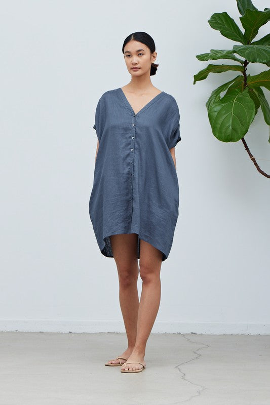 Cyan Colored Boxy Linen Mini Dress
