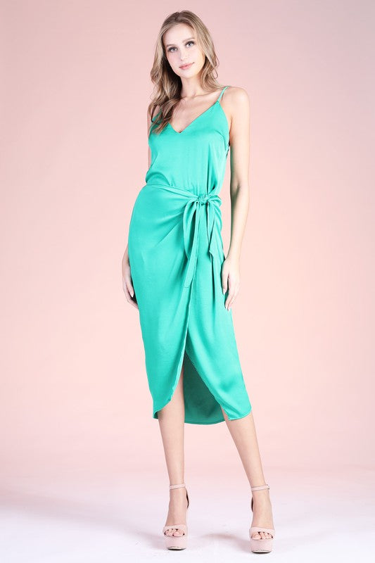Green Colored Washed Poly Silk Wrap Skirt Midi Dress
