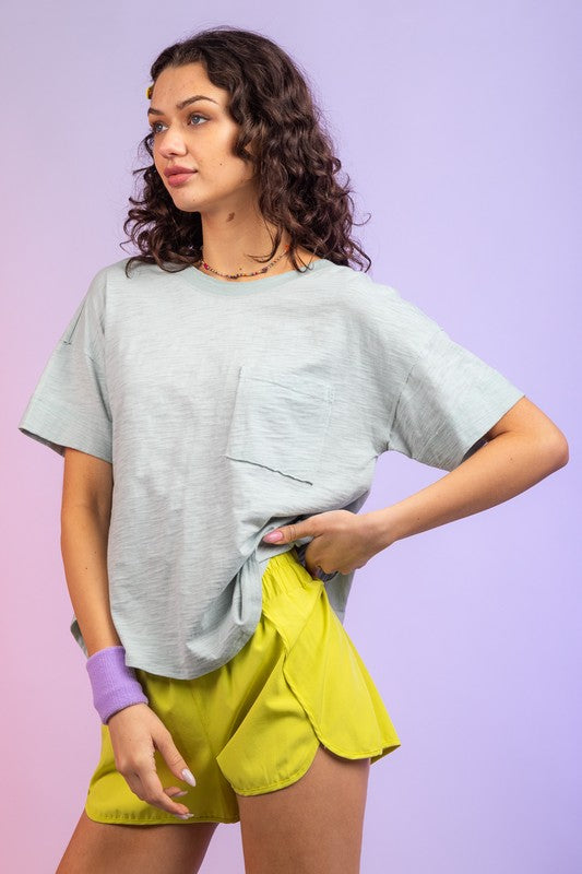 Sage Colored Back V-Neck Elastic Detail Top