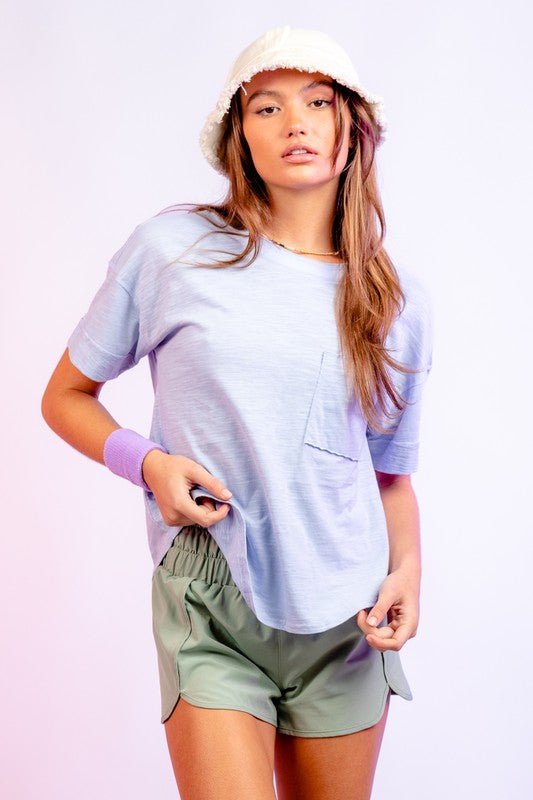 Sky Blue Back V-Neck Elastic Detail Top