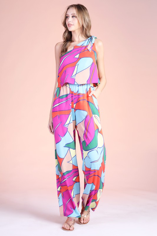 Orange Colored Tropical Paradise One Shoulder Tie Jumpsuit