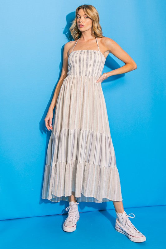 Ivory Colored Striped Woven Midi Dress