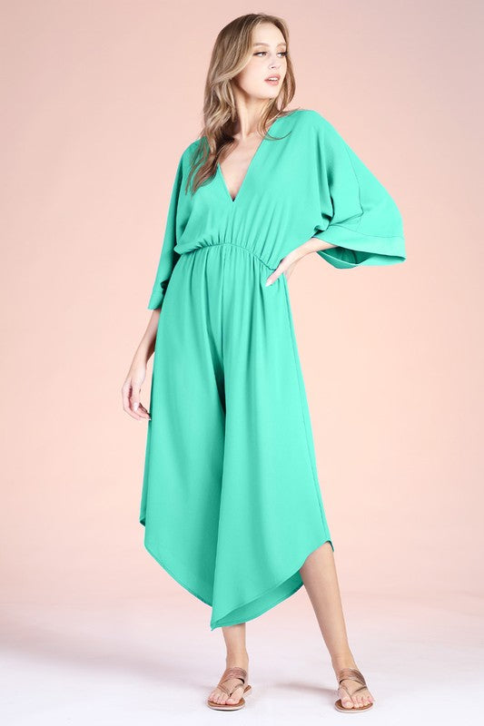 Emerald Colored Textured Slanted Hem Kimono Jumpsuit