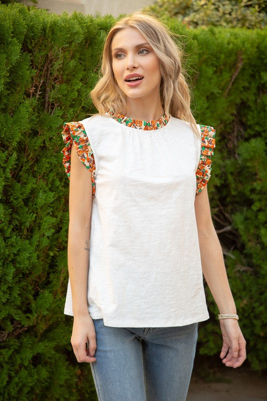 White Colored Floral Print Ruffle Detail Top