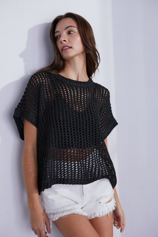 Black Crochet Hollow Knit Top