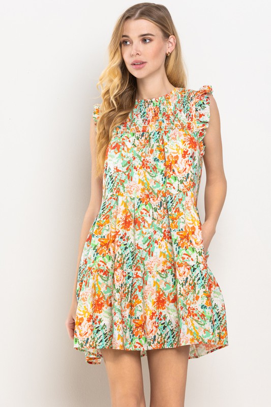 Off White Multi Design Pleated Tiered Dress