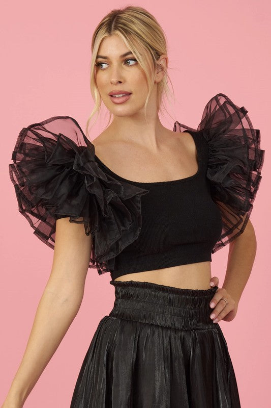 Black Organza Ruffled Sleeves Detail Ribbed Knit Crop Top