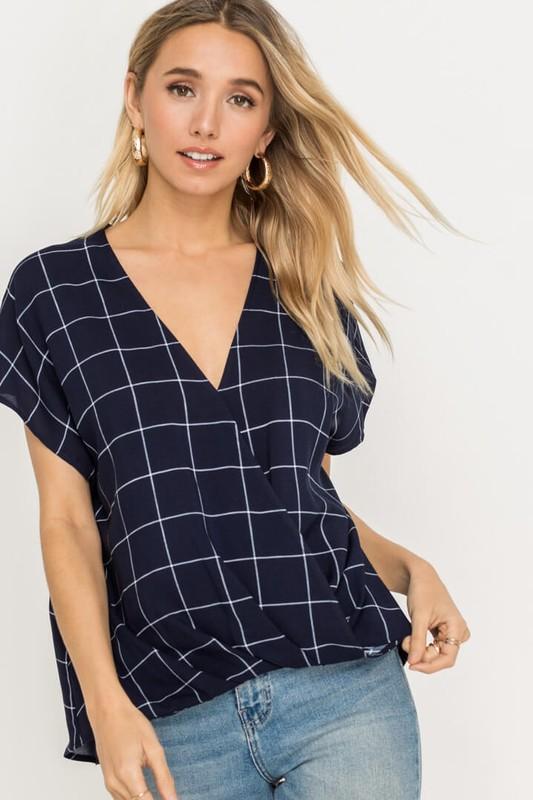 Blue Checkered Wrap Top