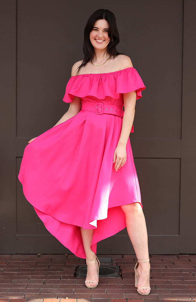 Fuchsia Colored Off Shoulder Midi Dress