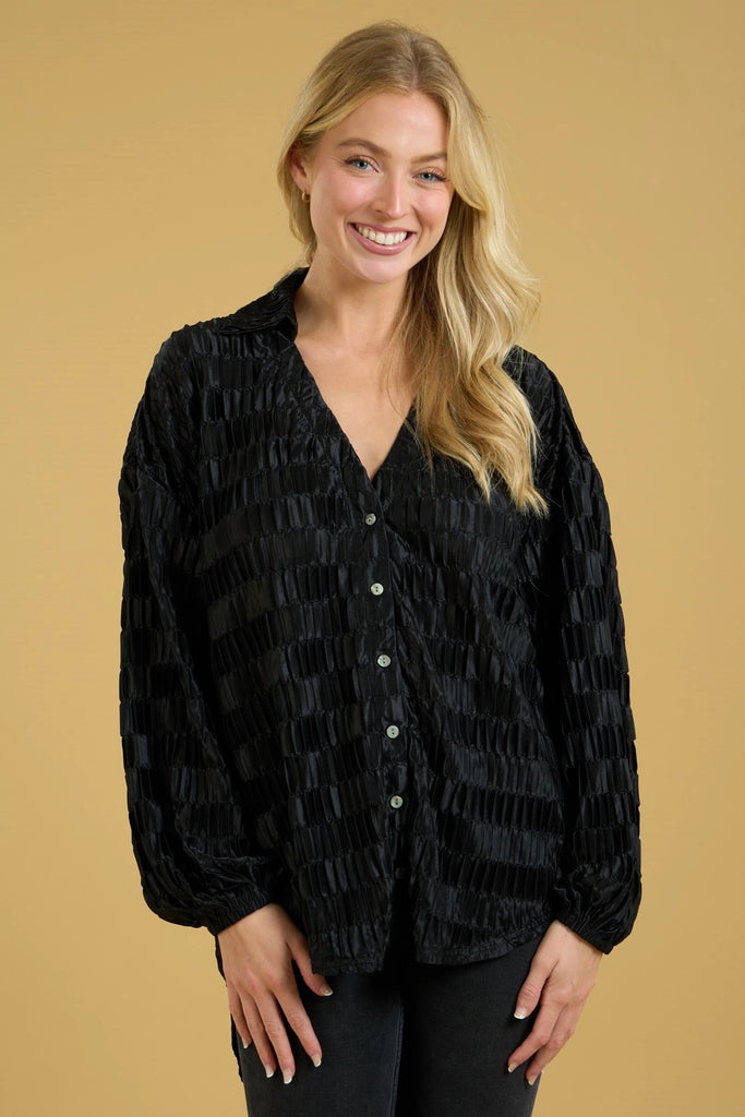 Black Button Down High Low Top