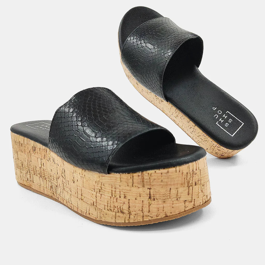 Brielle Black Snake Print Wedge Sandals THE WEARHOUSE
