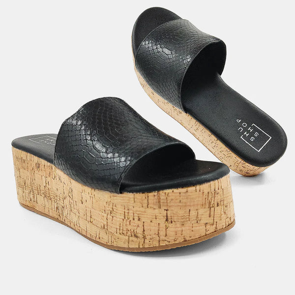 Brielle Black Snake Print Wedge Sandals