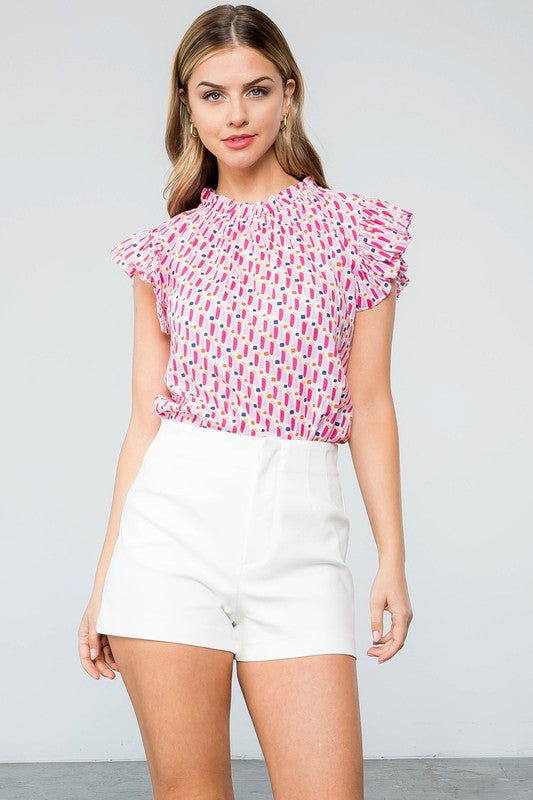 White and Pink Multi Print Ruffle Sleeve Top