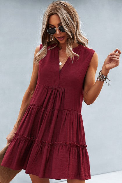 Wine Colored V Neck Solid Ruffle Sleeveless Dress