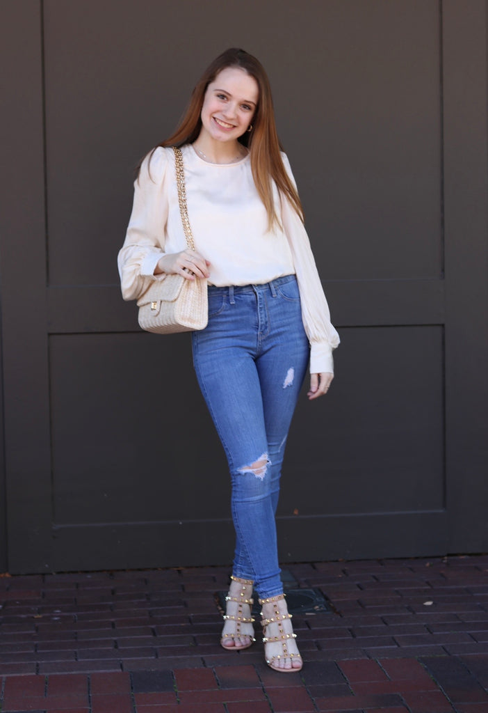 Cream Colored Balloon Sleeve Open Back Top